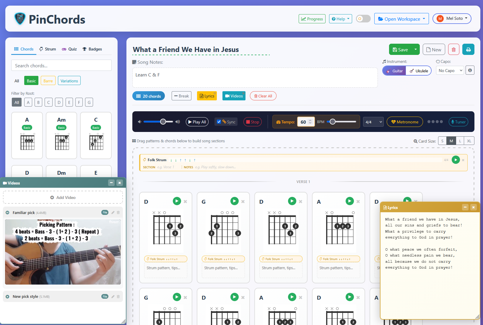 PinChords workspace showing chord library, strumming patterns, lyrics panel, and drag-and-drop chord cards